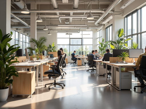 现代化办公环境，宽敞明亮的会议室，员工在讨论项目，白色墙壁，绿色植物装饰，自然光线充足